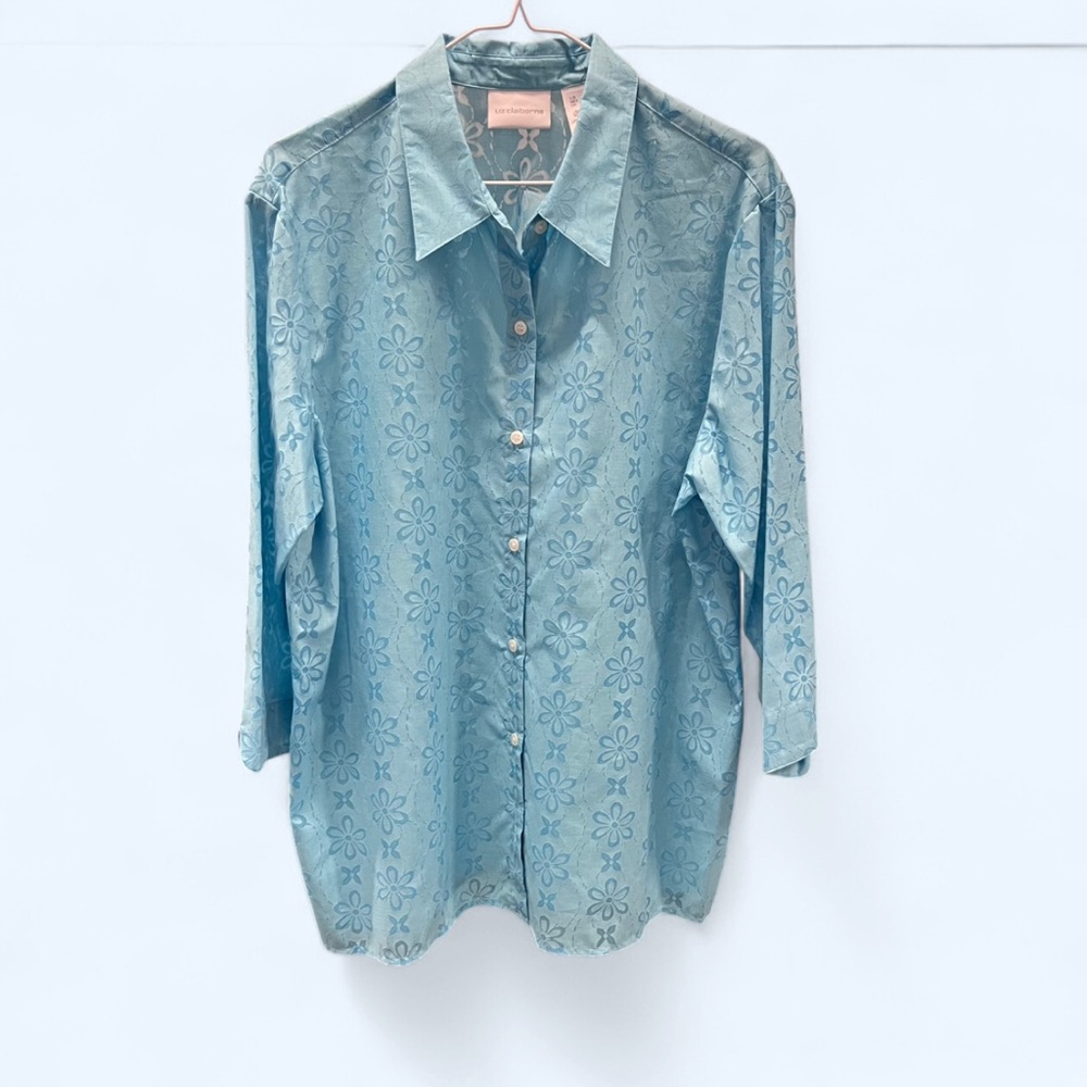 Liz Claiborne Button Down Floral Blouse Retro Vibe B3